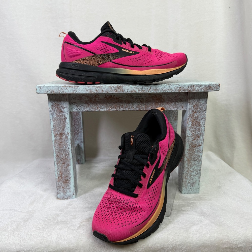 Brooks Trace 3 Running Shoes‎ Size 8.5 Pink Glo Black Animal Print 1204011B694